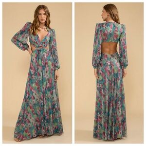 NEW PatBO Printed Lurex Cut-Out Maxi Dress (Sz 6) Long Sleeve Gown Green Multi